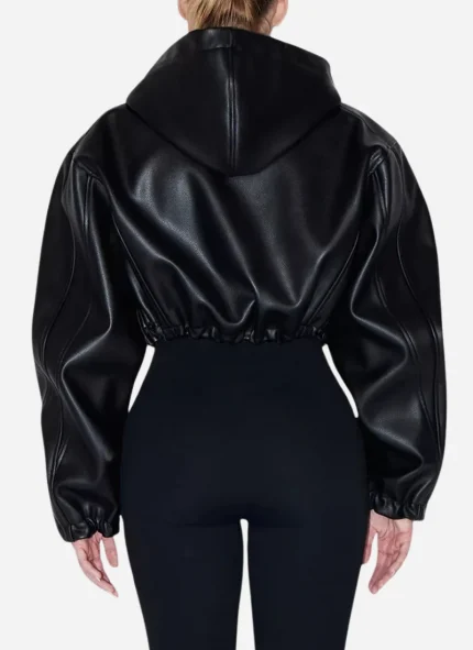 Kylie Jenner KHY Cropped Black Hooded Leather Jacket