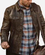 Men's Driggs Full-Button Brown Leather Jacket - For Sale