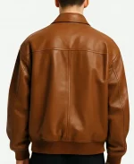 Men’s Oversized Brown Leather Bomber Jacket with Front Pockets