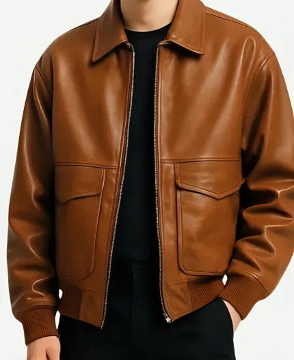 Men’s Oversized Front Pockets Brown Leather Bomber Jacket