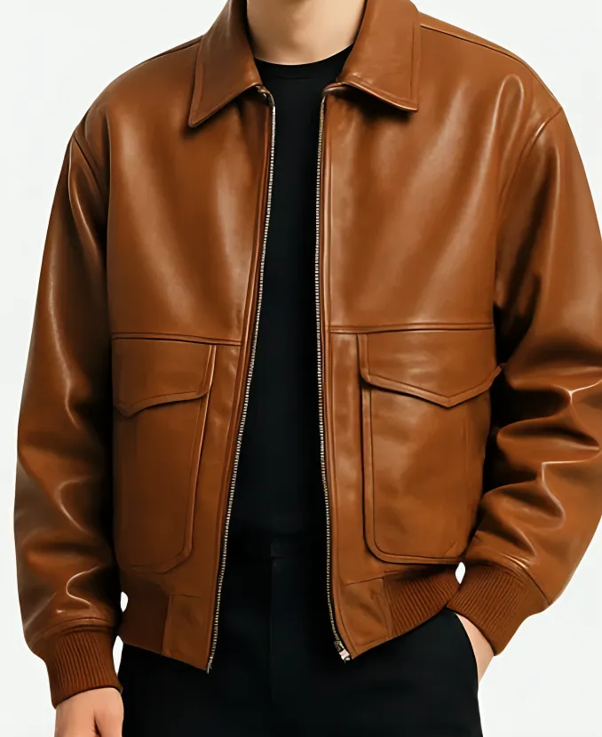 Men’s Oversized Front Pockets Brown Leather Bomber Jacket Men’s Oversized Front Pockets Brown Leather Bomber Jacket