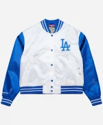 Mitchell and Ness Los Angeles Women’s White & Blue Cropped Satin Jacket