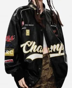 Motorcycle Champs Racing Oversized Black Leather Bomber Jacket