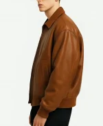 Oversized Brown Leather Bomber Jacket with Front Pockets