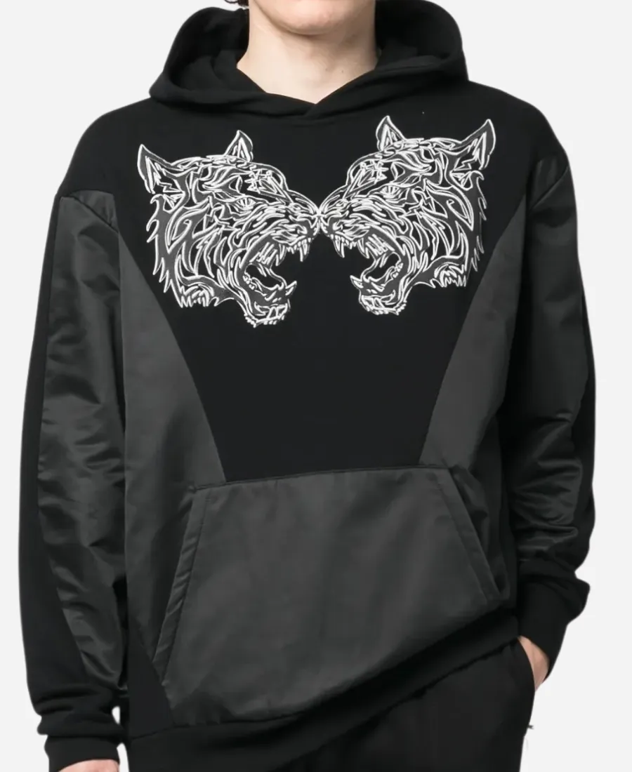 Plein Sport Tiger-Print Panelled Black Hoodie Plein Sport Tiger-Print Panelled Black Hoodie