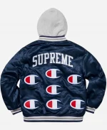 Supreme x Champion Grey Hooded Satin Varsity Jacket Blue