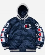 Supreme x Champion Hooded Satin Blue Varsity Jacket