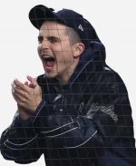 Timothée Chalamet At New York Yankees Game Black Leather Varsity Jacket