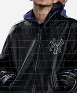 Timothée Chalamet At The Yankees Game Black Leather Varsity Jacket