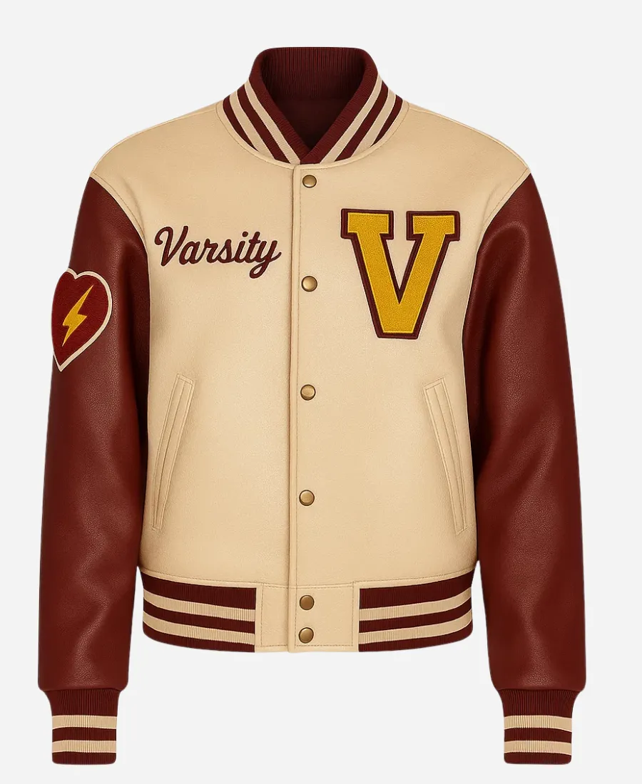 Unisex Beige ‘V’ Patch Wool Varsity Leather Jacket - Beige and Maroon Unisex Beige ‘V’ Patch Wool Varsity Leather Jacket - Beige and Maroon