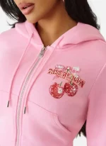 Unisex True Religion Cherry Shrunken Black Zip-up Cropped Hoodie