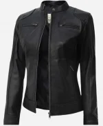 Women's Moto Biker Zip Up Real Leather Jackets - Black