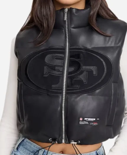 49ers Faux Leather Cropped Puffer Vest