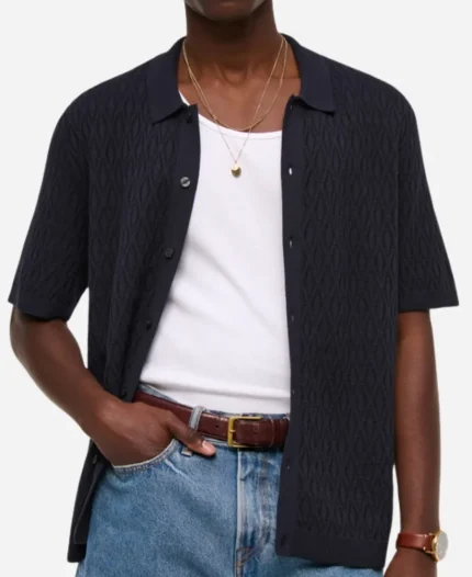 Abercrombie & Fitch Jacquard Pattern Button-Through Navy Blue Sweater Polo