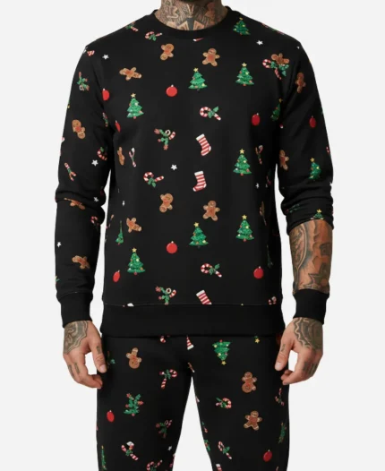 All Over Xmas Print Tracksuit - Black