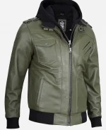 Army Removable Hood Olive Green Bomber Leather Jacket
