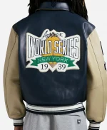 Avirex World Series Embroidered Appliqués Navy Blue Leather Bomber Jacket