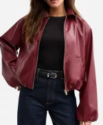 Bubble Hem Burgundy Leather Bomber Jacket