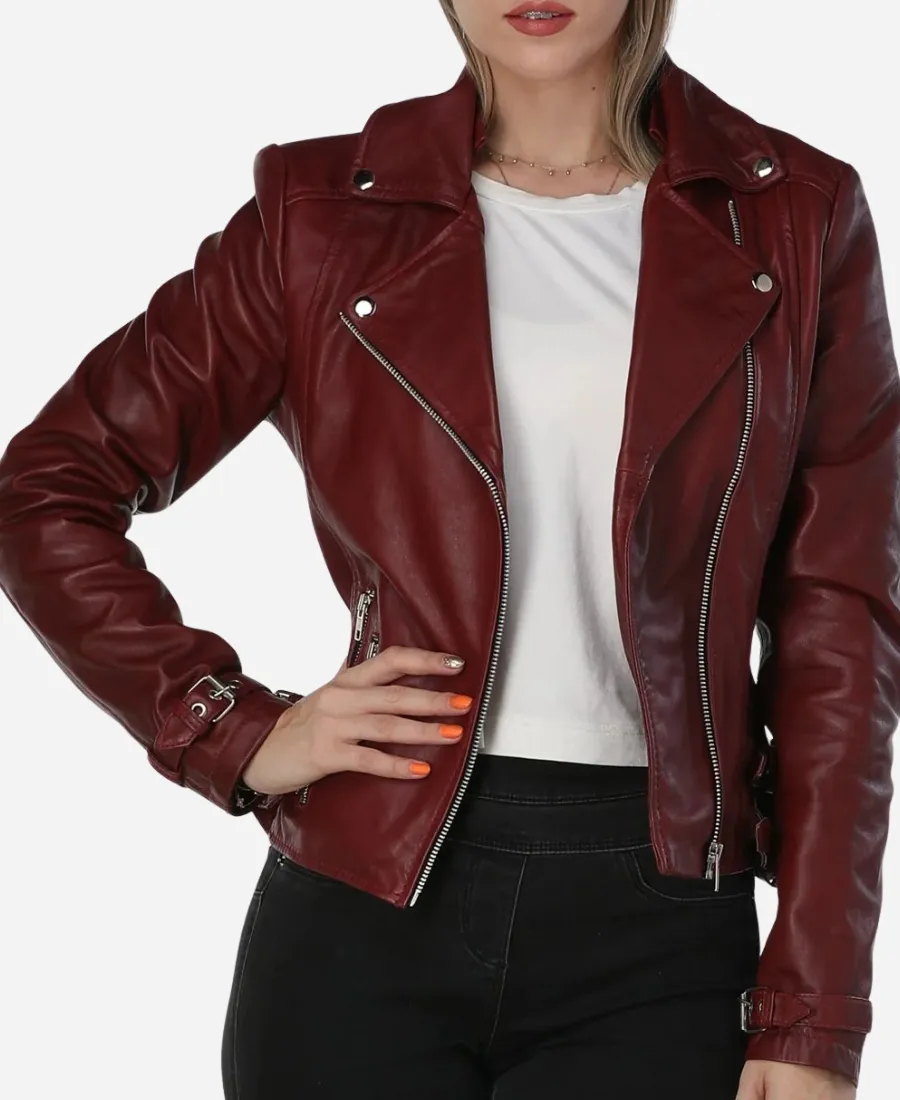 Burgundy Leather Jacket with Asymmetric Zipper Burgundy Leather Jacket with Asymmetric Zipper