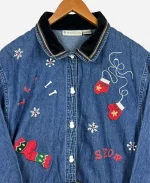 Christmas Embroidered Snow Flakes Blue Denim Jacket 