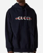 Gucci Logo Print Cotton Jersey Blue Hoodie