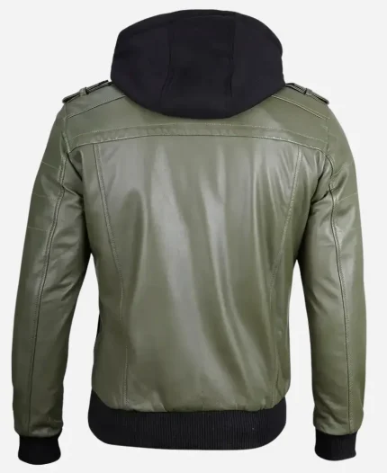 Men’s Army Removable Hood Olive Green Bomber Leather Jacket