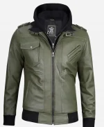 Men’s Army Removable Hood Olive Green Leather Jacket