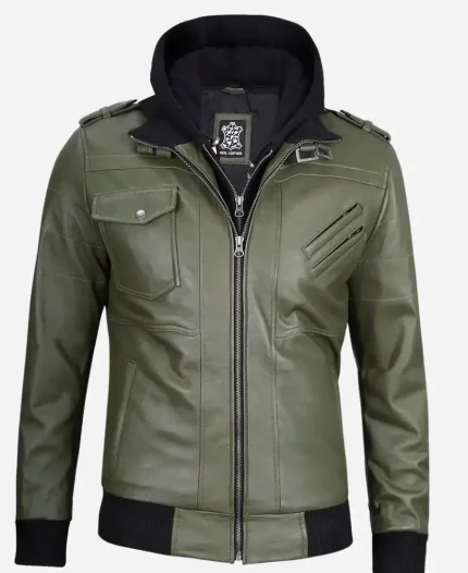 Men’s Army Removable Hood Olive Green Leather Jacket