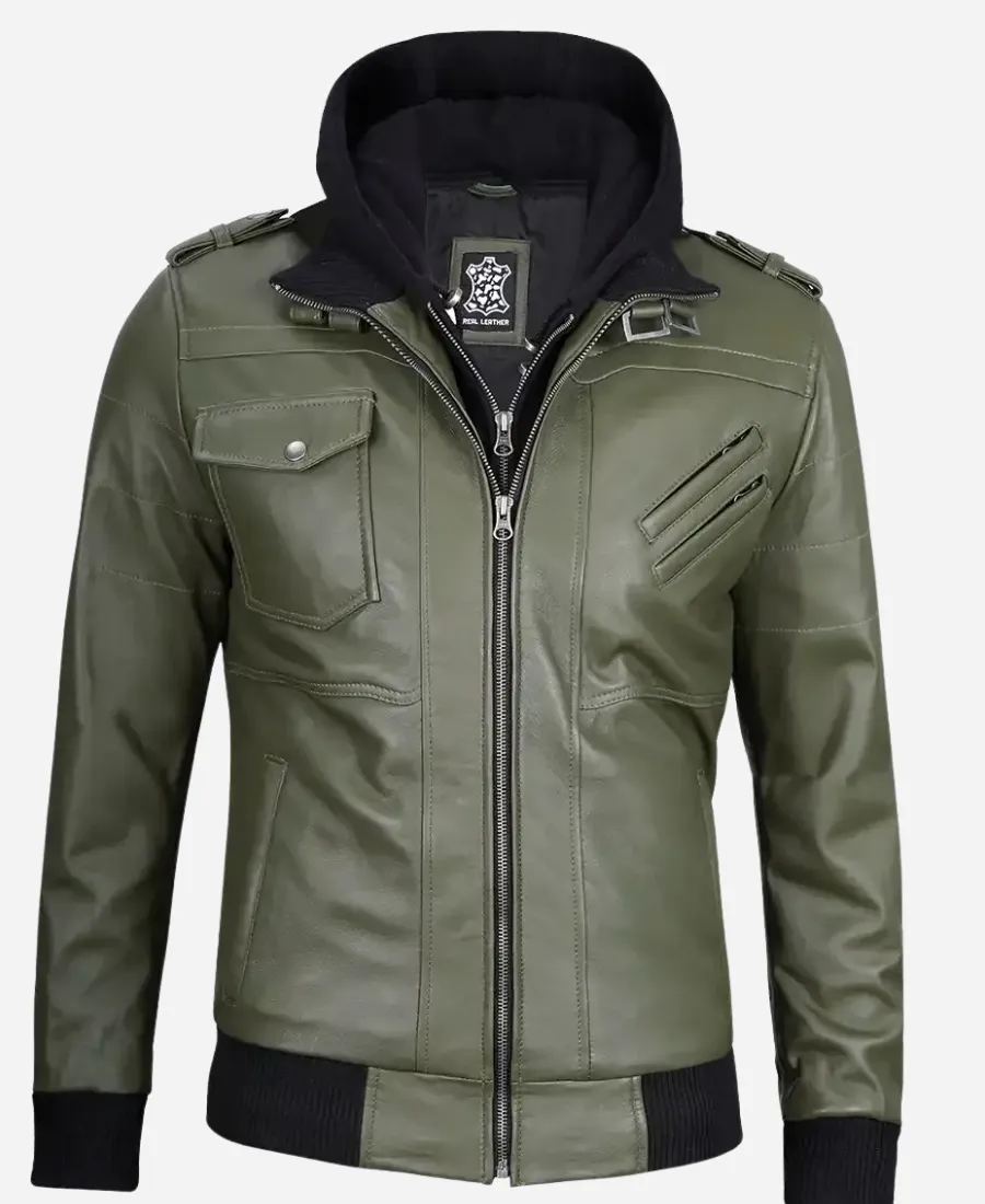 Men’s Army Removable Hood Olive Green Leather Jacket Men’s Army Removable Hood Olive Green Leather Jacket