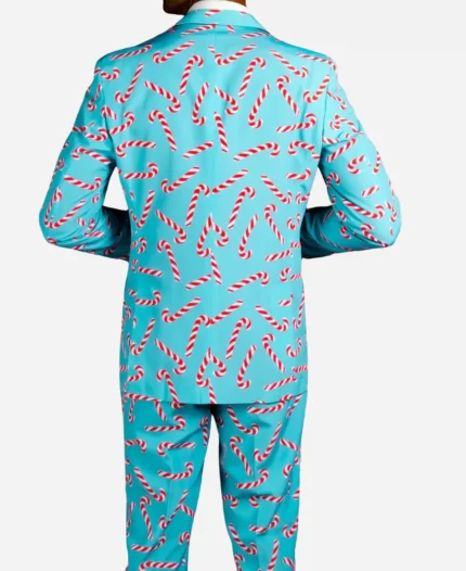 Men's Christmas Candy Cane Printed Sky Blue Suit