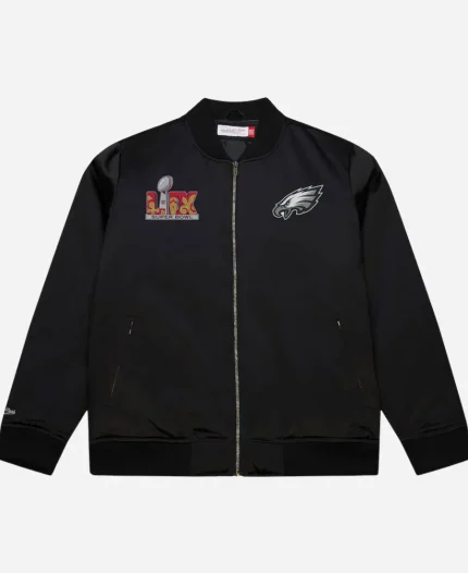 Men's Mitchell & Ness Philadelphia Eagles Super Bowl LIX Champions Team Logo Black Varsity jacket