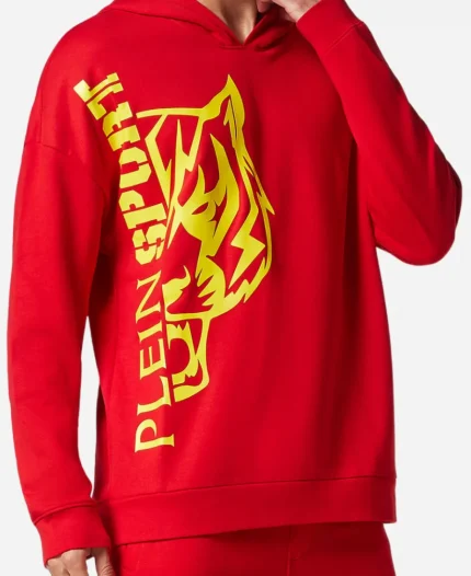Men's Plein Sport Tiger Side Logo Red & White Pullover Hoodie
