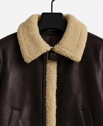 Men’s Shearling Pilot Aviator Bomber Coat with Fur Collar Brown Leather Jacket
