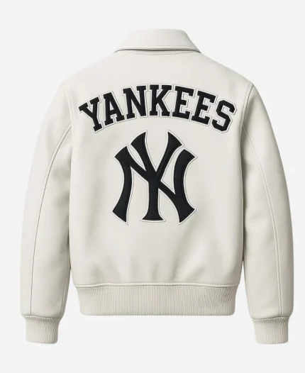 New York Yankees Retro Baseball White Leather Varsity Bomber Jacket 