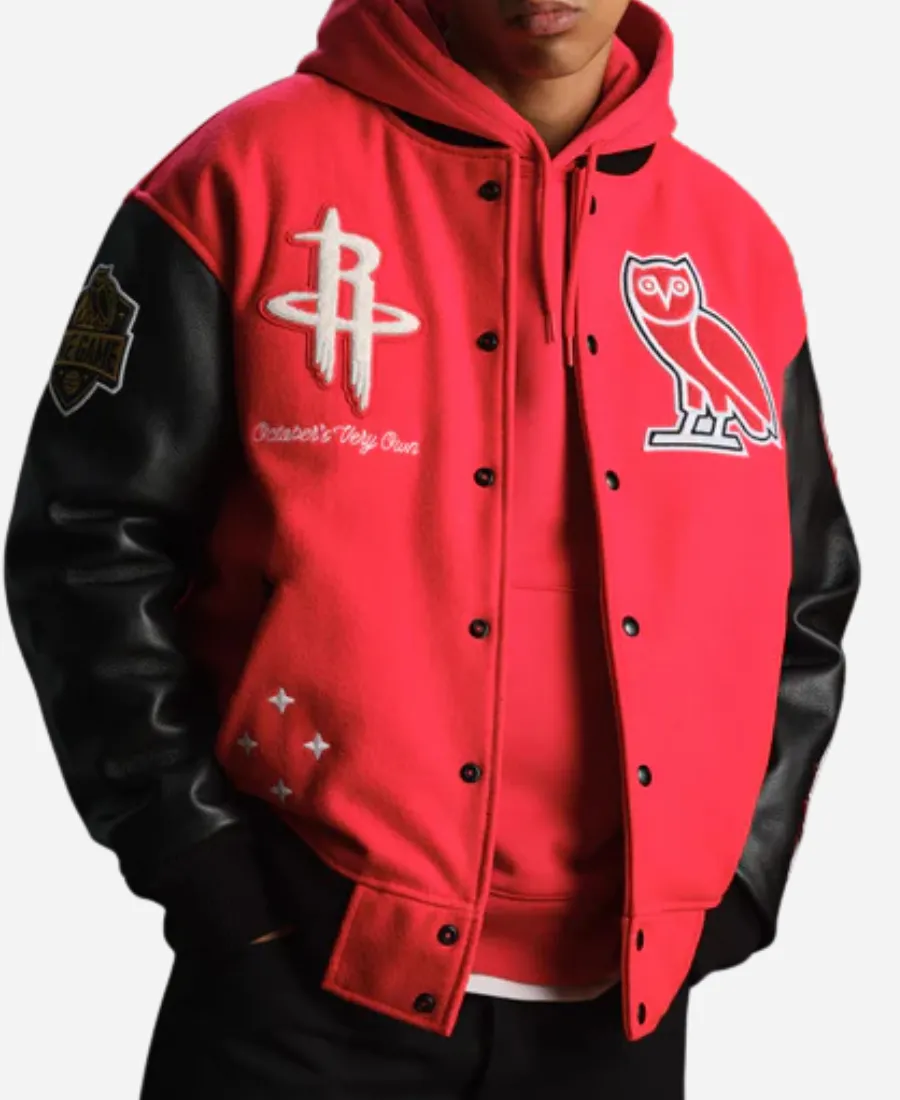 OVO X NBA Houston Rockets Red Varsity Jacket OVO X NBA Houston Rockets Red Varsity Jacket