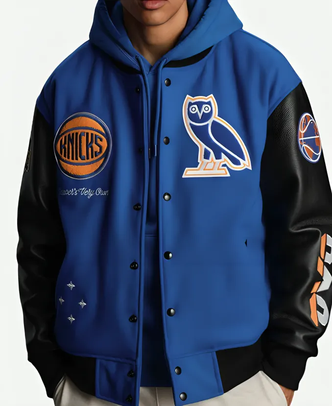OVO x New York Knicks Blue Varsity Jacket OVO x New York Knicks Blue Varsity Jacket