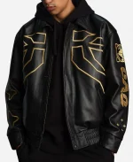 October's Very Own x NBA One Game International Buttoned & Zipper Black Leather Varsity Jacket