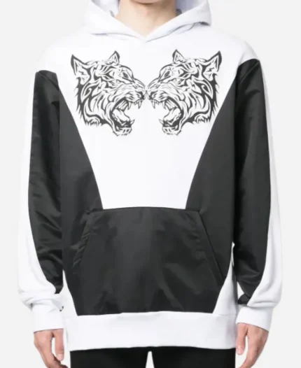 PLEIN SPORT Tiger-Print Panelled White Hoodie