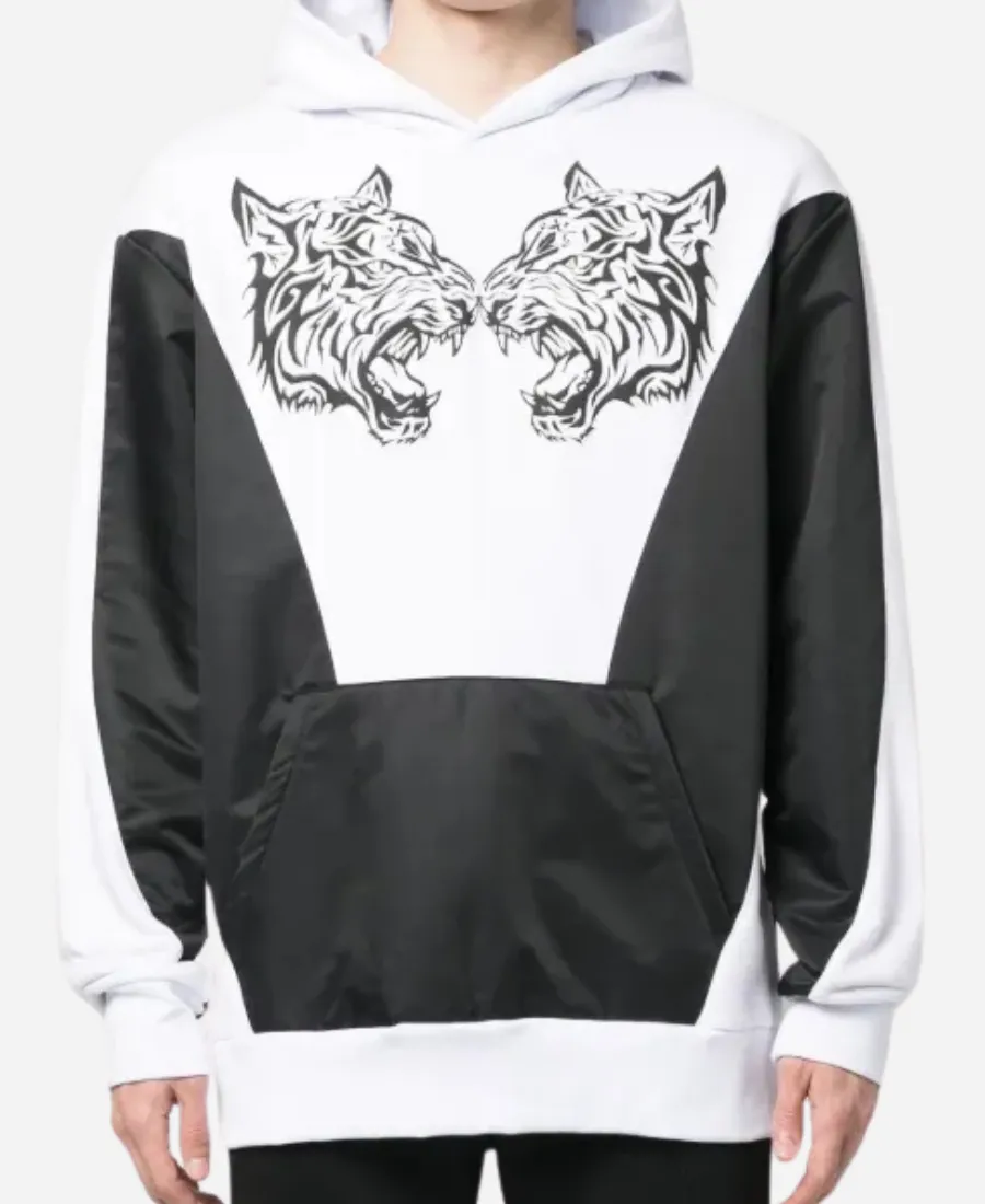 PLEIN SPORT Tiger-Print Panelled White Hoodie PLEIN SPORT Tiger-Print Panelled White Hoodie