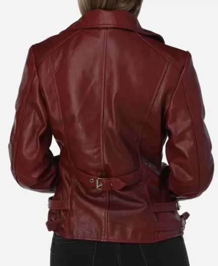 Women's Asymmetric Zipper Burgundy Leather Jacket - For Sale