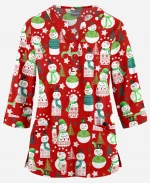 Women’s Butter-Soft Snowman Christmas Round Neckline Printed Scrub Red Top Jacket 
