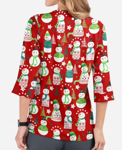 Women’s Butter-Soft Snowman Christmas Round Neckline Printed Scrub Top Jacket 