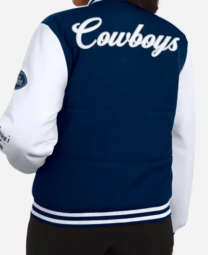 Women’s Erin Andrews Dallas Cowboys Navy & White Varsity Full-Snap Puffer Jacket