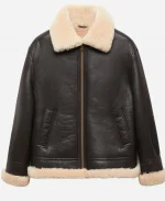 Women's Mango Shearling lined Faux Leather Bomber Coat Jacket - Dark Brown