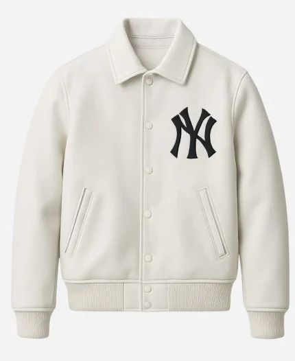 Yankees White Leather Bomber Jacket