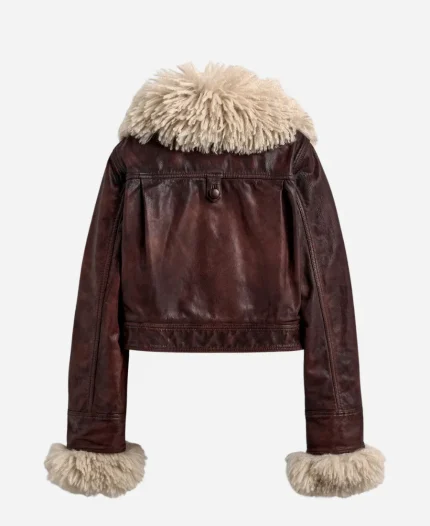 2025 New York Film Festival Julia Fox Brown Leather Jacket with Fur Collar and Cuffs