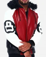 8 Ball 90s Fur Hooded Leather Jacket - Black Red and White
