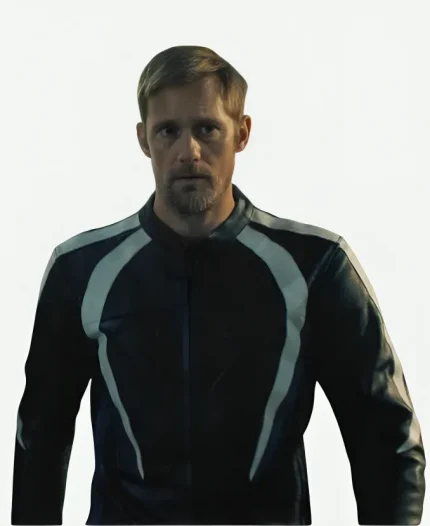 Alexander Skarsgård Pillion Film 2025 Ray Black Leather Racer Jacket