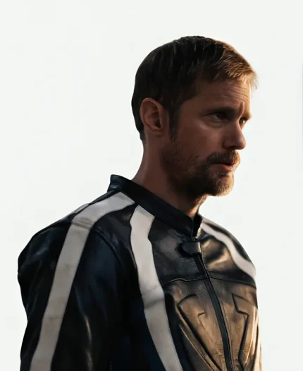 Alexander Skarsgård Pillion Film 2025 Ray Leather Racer Jacket-Black
