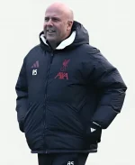 Arne Slot Liverpool F.C. UEFA Champions League 2025 Red Club Crest Puffer Hooded Jacket